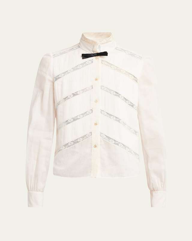 Lace-Inset Pintuck Cotton Blouse